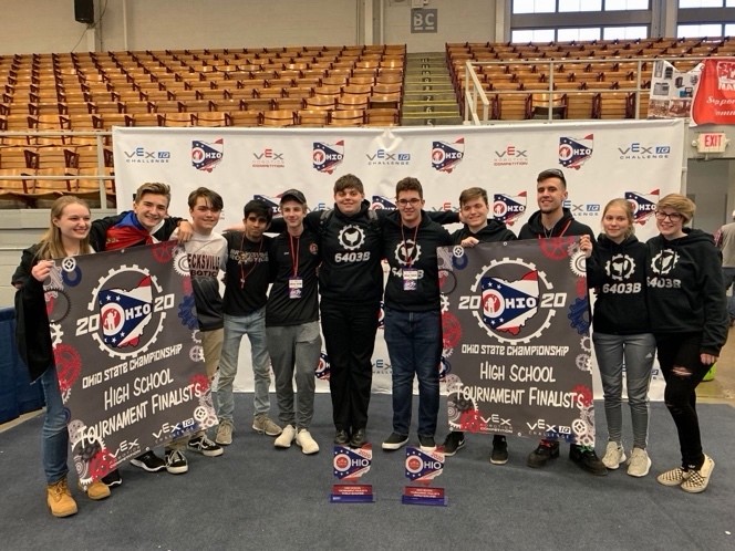 Team 6403B standing with their allianced team, 11 people from left to right